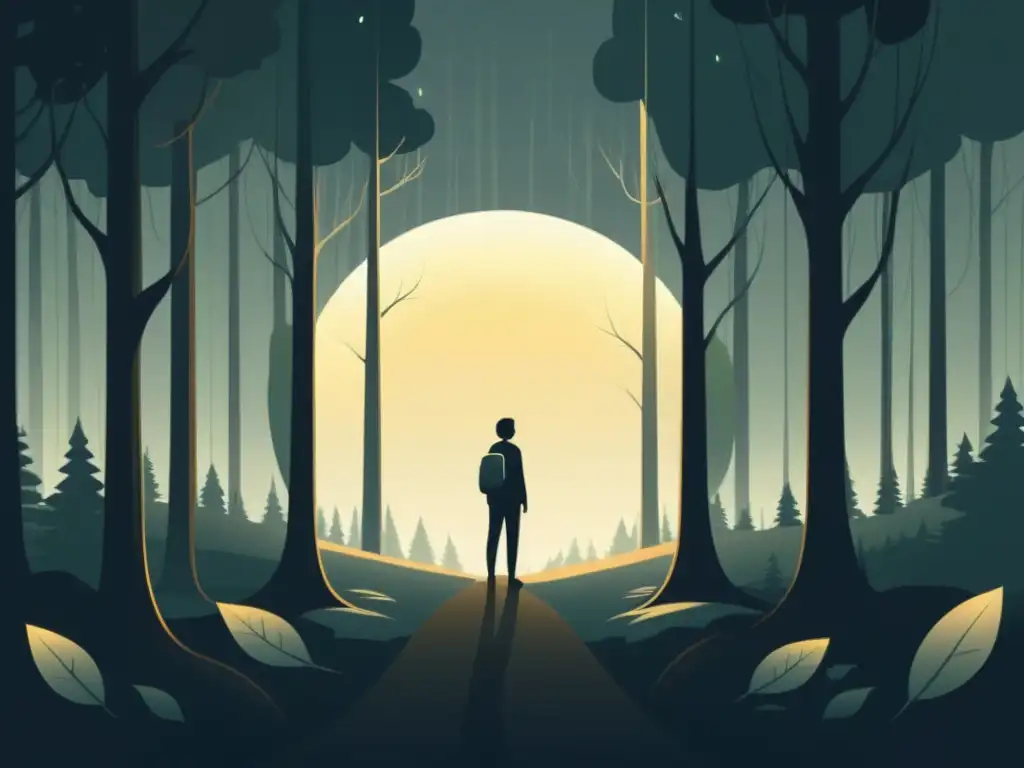 Figura en el bosque: Esperanza y determinación Una ilustración serena y minimalista de una persona de pie en el borde de un oscuro bosque, con una pequeña luz brillante a lo lejos simbolizando esperanza y progreso