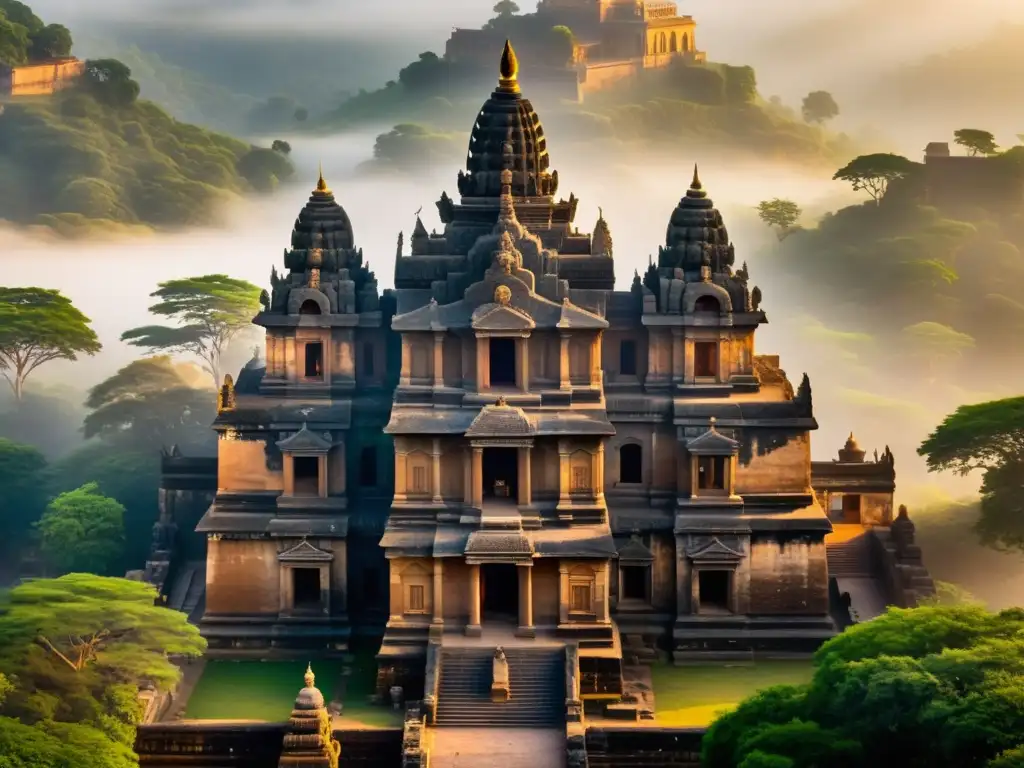 Templo religioso antiguo envuelto en misterio y luz al amanecer La imagen muestra un antiguo templo religioso envuelto en niebla, con detalles intrincados y estatuas decorando la fachada