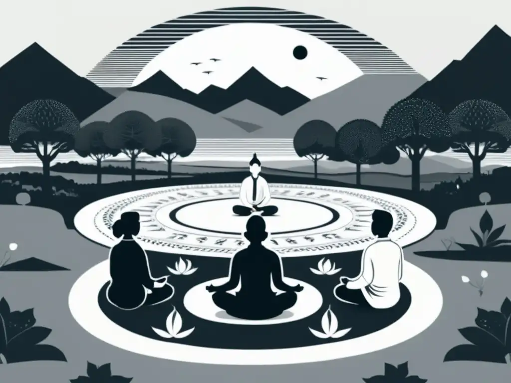 Armonía en Rajneeshpuram: meditación y unidad Imagen de ilustración en blanco y negro del culto de Rajneeshpuram amor libre, con personas meditando en círculo