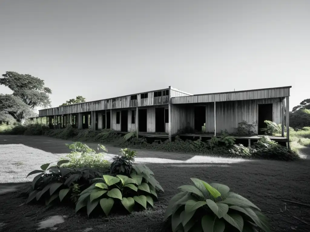 Ruinas de Jonestown: Desolación y Naturaleza Reclamando Imagen en blanco y negro de Jonestown, con vegetación sobresaliente y desolación, evocando lecciones del Templo del Pueblo