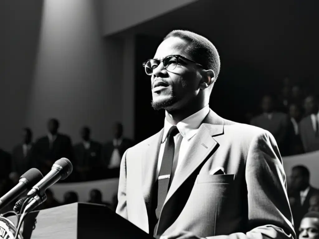 Malcolm X: Líder carismático en intensa arenga Imagen en blanco y negro de Malcolm X, líder carismático de la Nación del Islam, entregando un apasionado discurso ante una multitud, con dramática iluminación que crea una atmósfera emotiva y poderosa