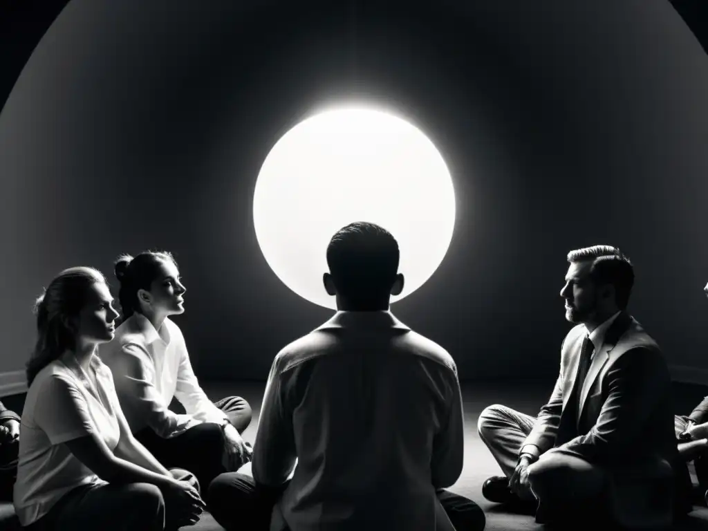 Una imagen en blanco y negro de un líder carismático hablando a un grupo en penumbra, evocando la atmósfera inquietante de un culto