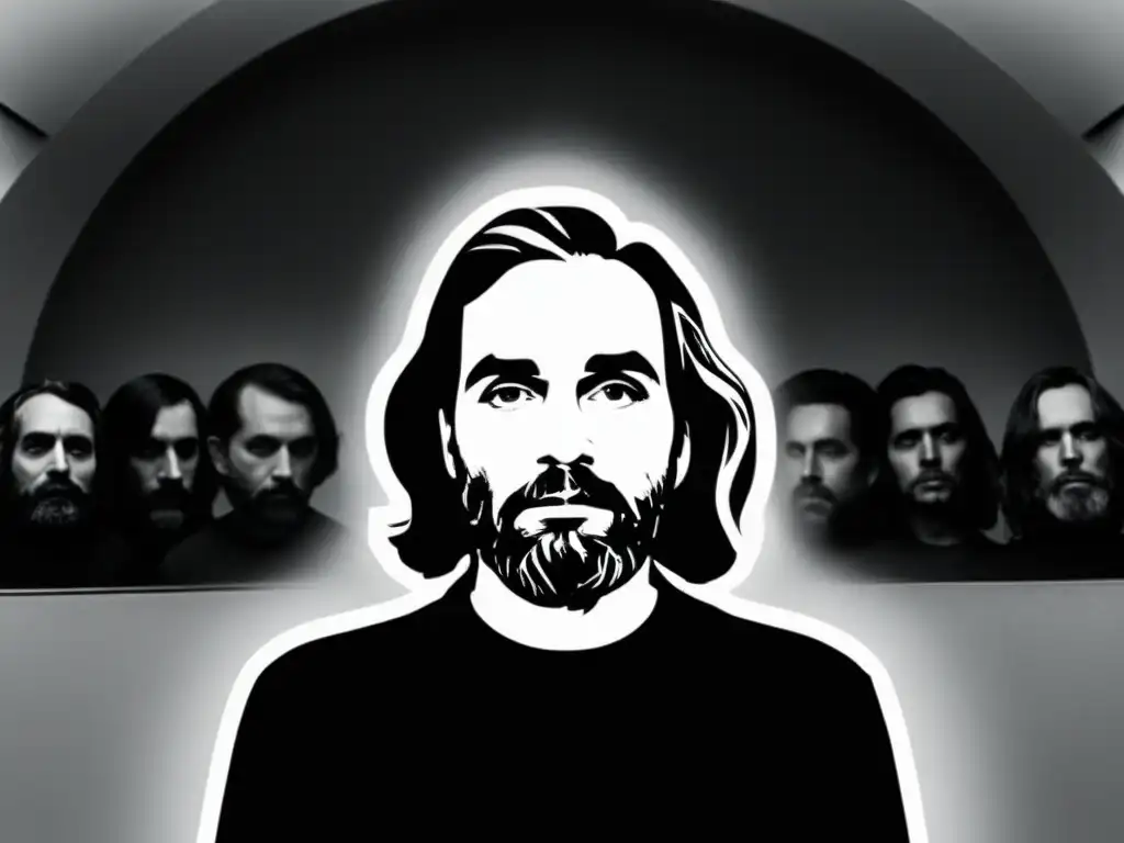 La hipnótica influencia de Charles Manson sobre su culto Una imagen en blanco y negro de Charles Manson con su secta, mostrando su mirada intensa y sonrisa enigmática