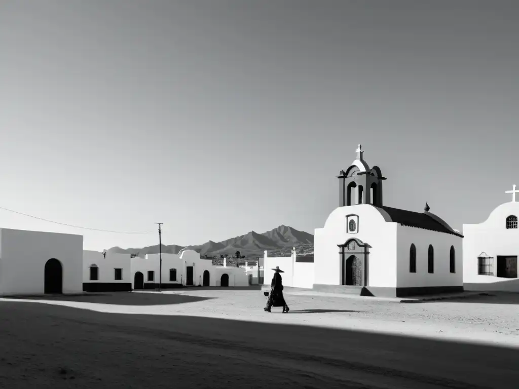 Paz y devoción en pueblo mexicano Imagen en blanco y negro de un pueblo mexicano con una iglesia en el centro y figuras religiosas, reflejando la relación entre culto y comunidad
