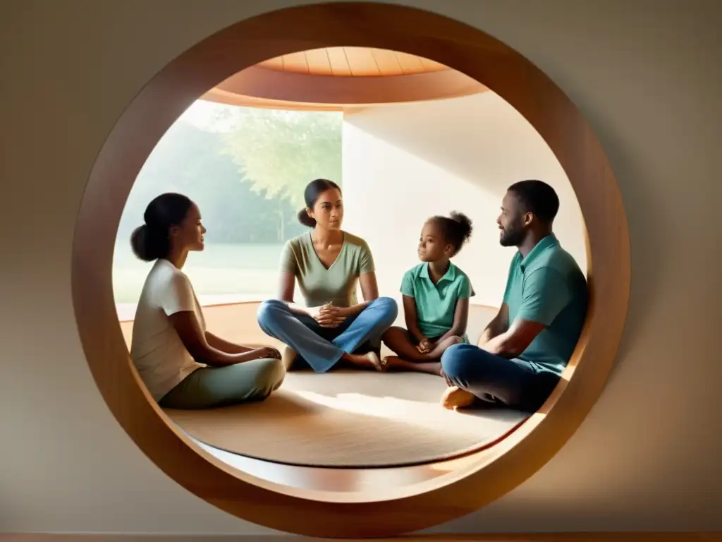 Una imagen cálida y serena de una familia participando en una conversación de apoyo y empatía