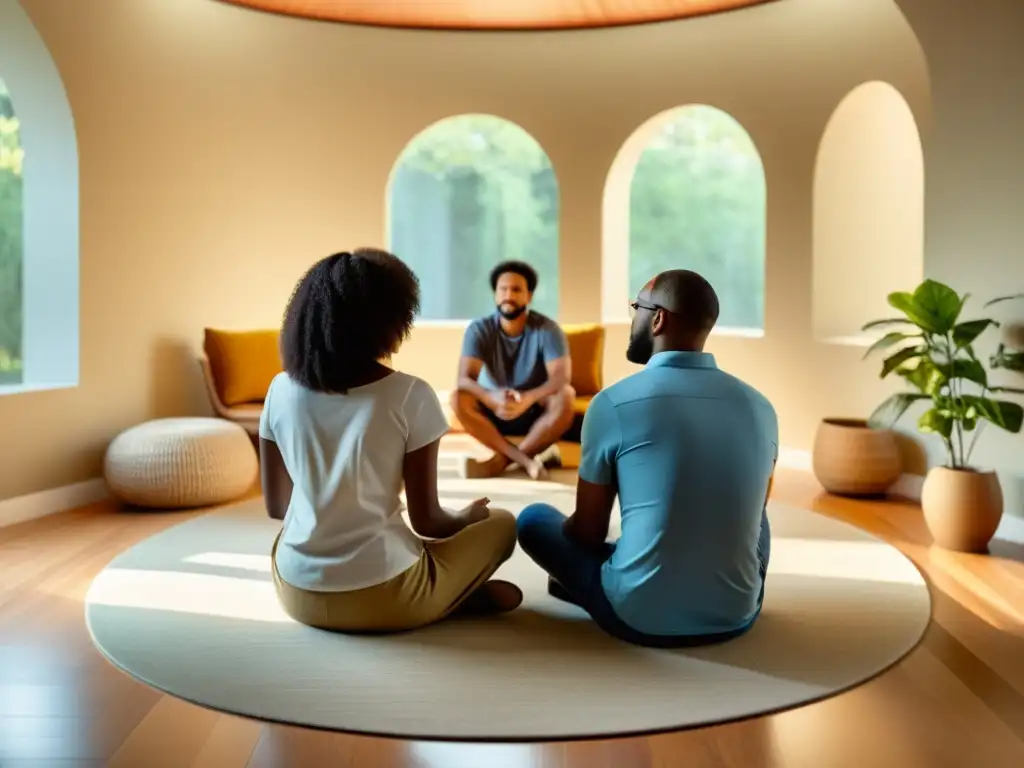 Una imagen cálida y serena de una familia en consejería, unidos y apoyándose en un círculo mientras un consejero escucha atentamente