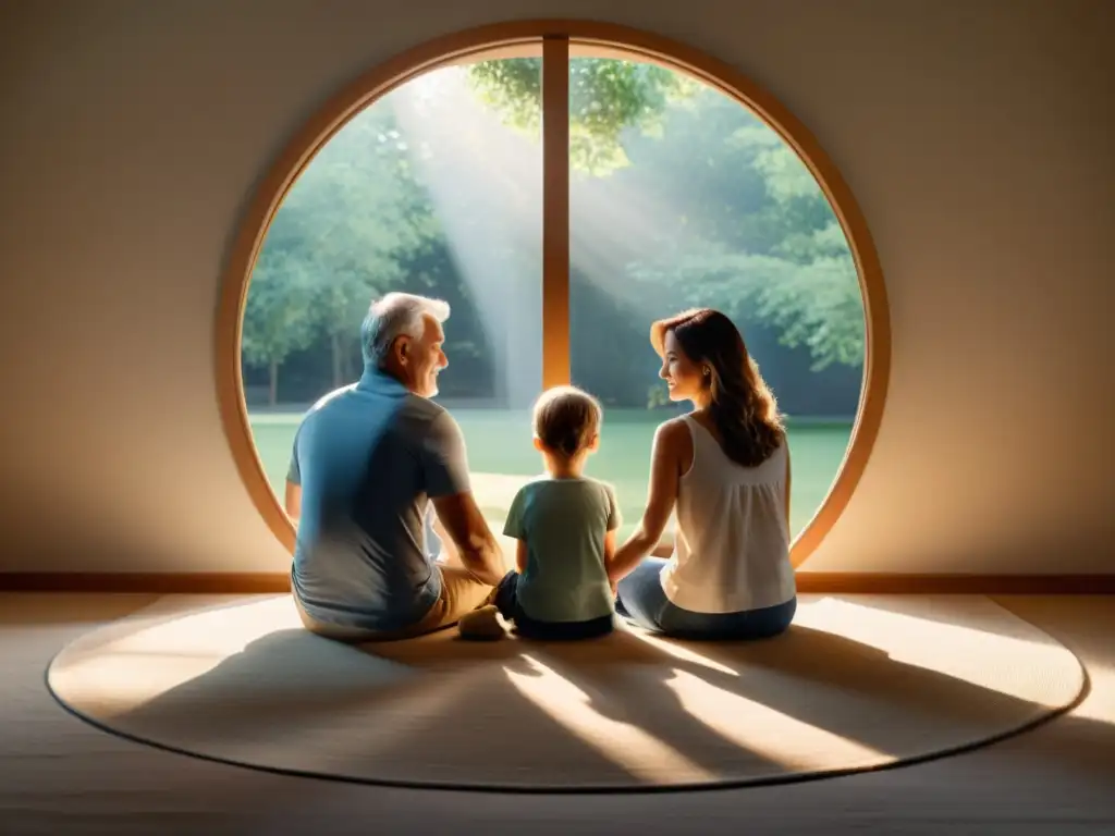 Una imagen cálida y serena de una familia sentada en círculo, sosteniéndose de las manos y compartiendo un momento de conexión
