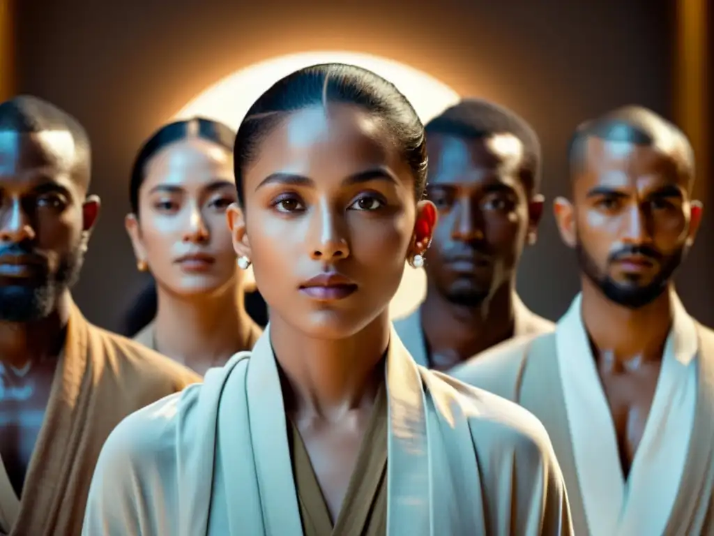 Imagen de un carismático líder de secta, Michael Travesser, con seguidores vestidos con túnicas terrosas en un paisaje desértico al atardecer