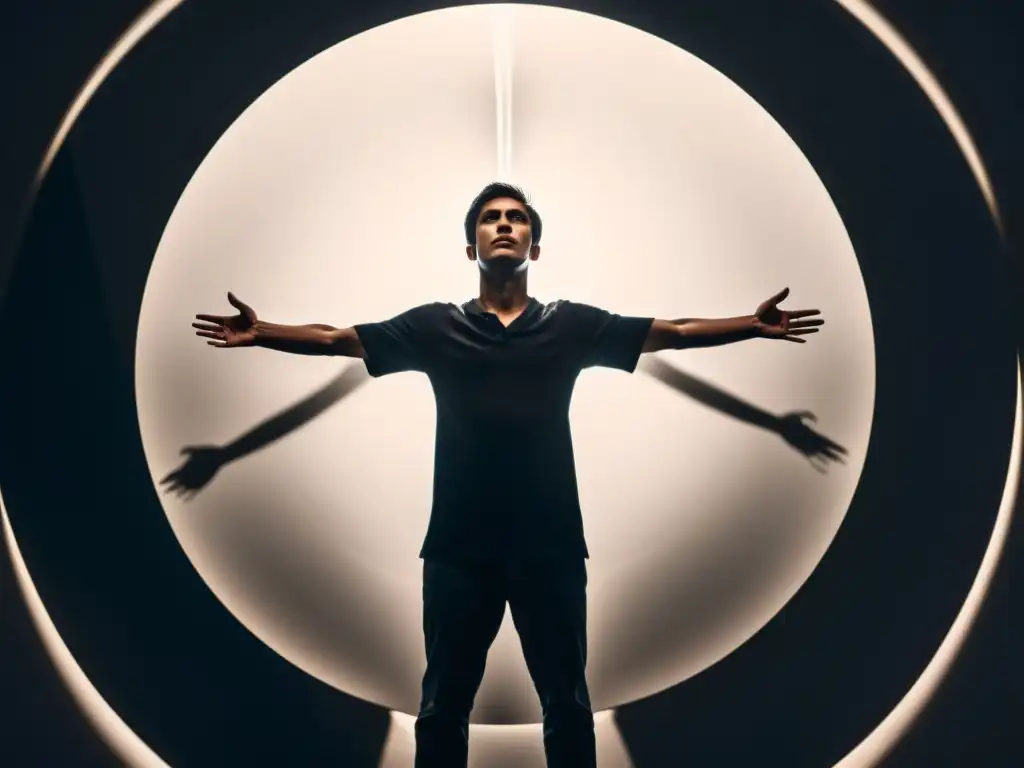 Imagen detallada de una figura oscura manipulando un círculo de personas, transmitiendo manipulación psicológica en cultos