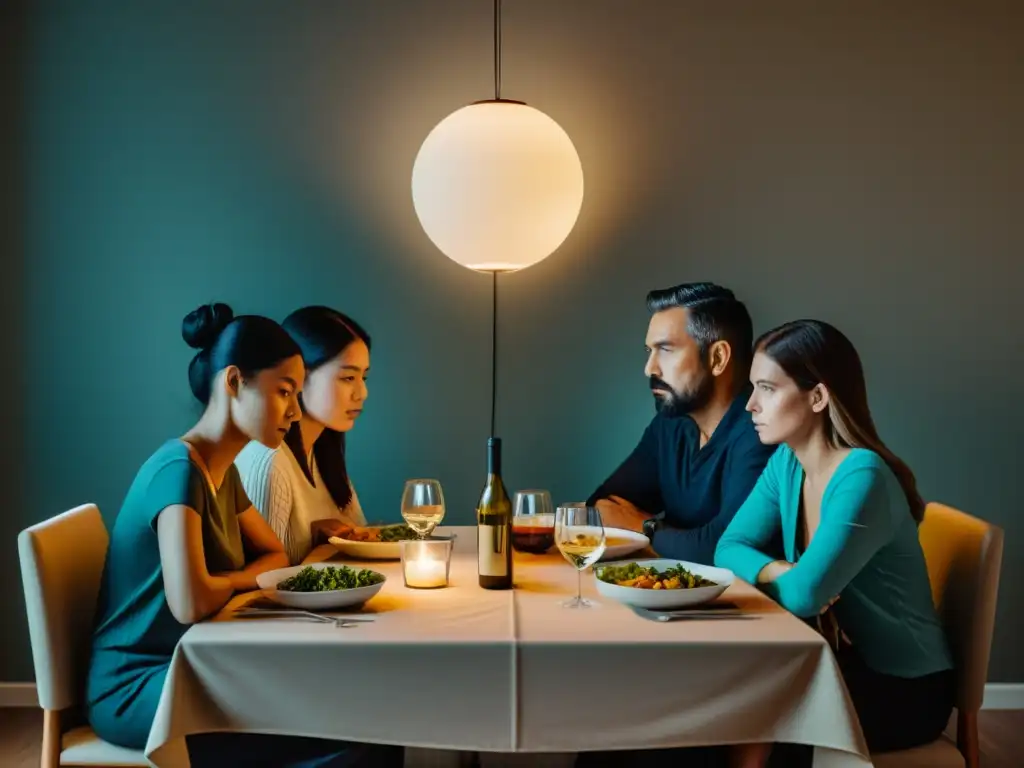 Desconexión digital: Impacto en la familia Imagen de una familia fracturada en la cena, aislada por el impacto de nuevas sectas en familia