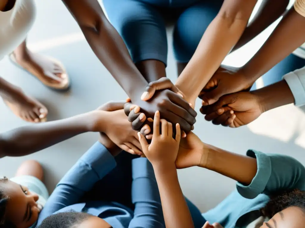 Imagen de familia unida en círculo, tomados de las manos, reflejando protección jurídica menores sectas en ambiente de apoyo y unidad