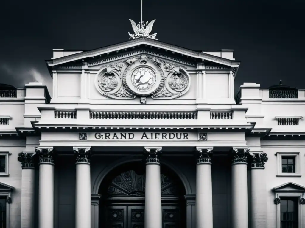 Imagen impactante en blanco y negro de un imponente edificio con arquitectura ornamentada, envuelto en oscuridad y misterio