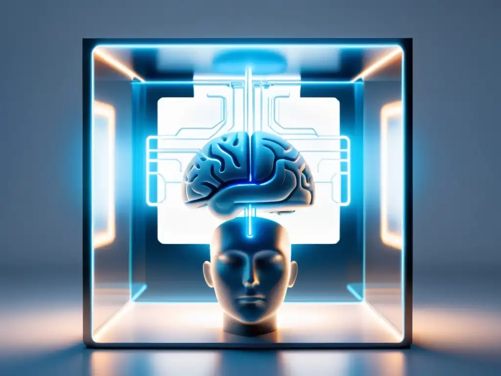 Brain en el Futuro: Conexiones Digitales Una imagen impactante con un cerebro humano suspendido en un cubo futurista, conectado a dispositivos digitales
