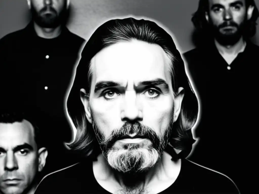 Carismático líder Manson y sus seguidores en blanco y negro Imagen impactante de Charles Manson frente a seguidores en blanco y negro, reflejando análisis de la manipulación en cultos