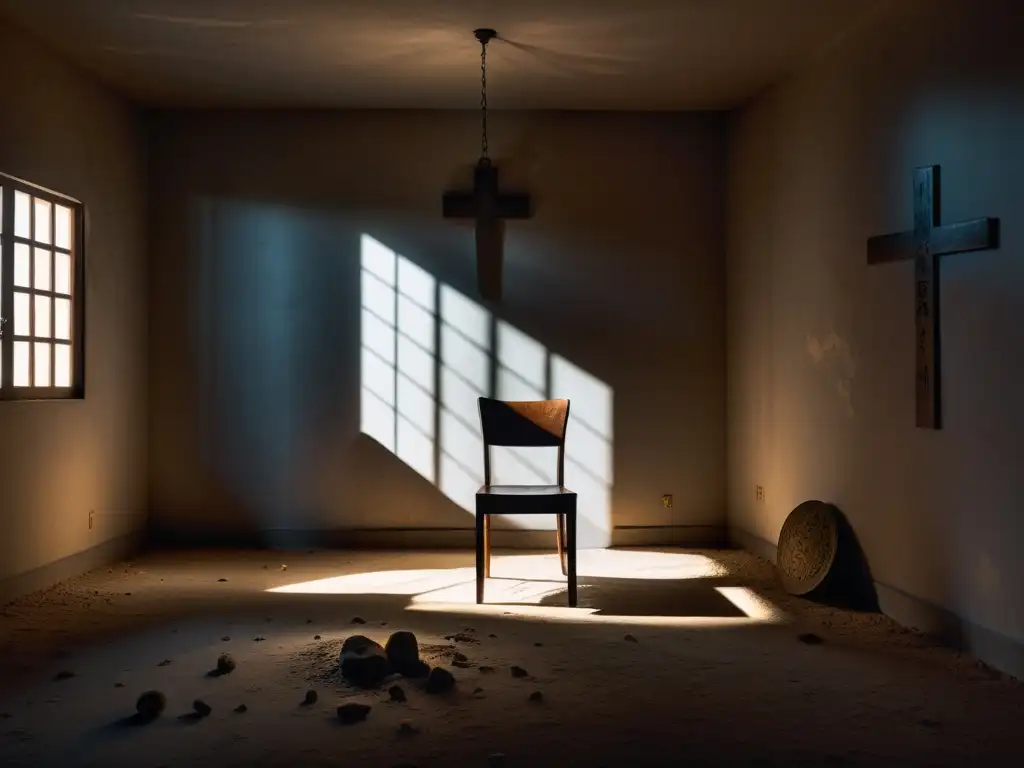Imagen inquietante de una habitación tenue con una silla en el centro, rodeada de símbolos religiosos, evocando desapariciones forzadas en cultos