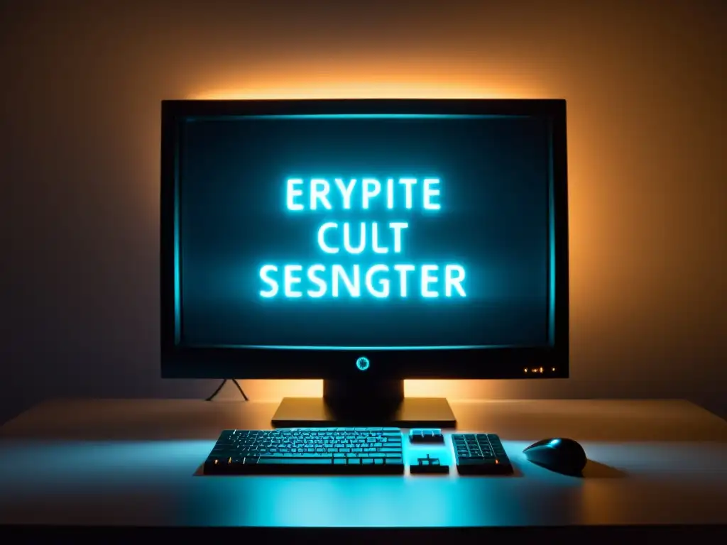 Misterioso mensaje en pantalla: símbolos y misterio en la oscuridad Una imagen inquietante de un monitor oscuro con símbolos de culto y mensajes encriptados, proyectando una luz ominosa en la oscuridad