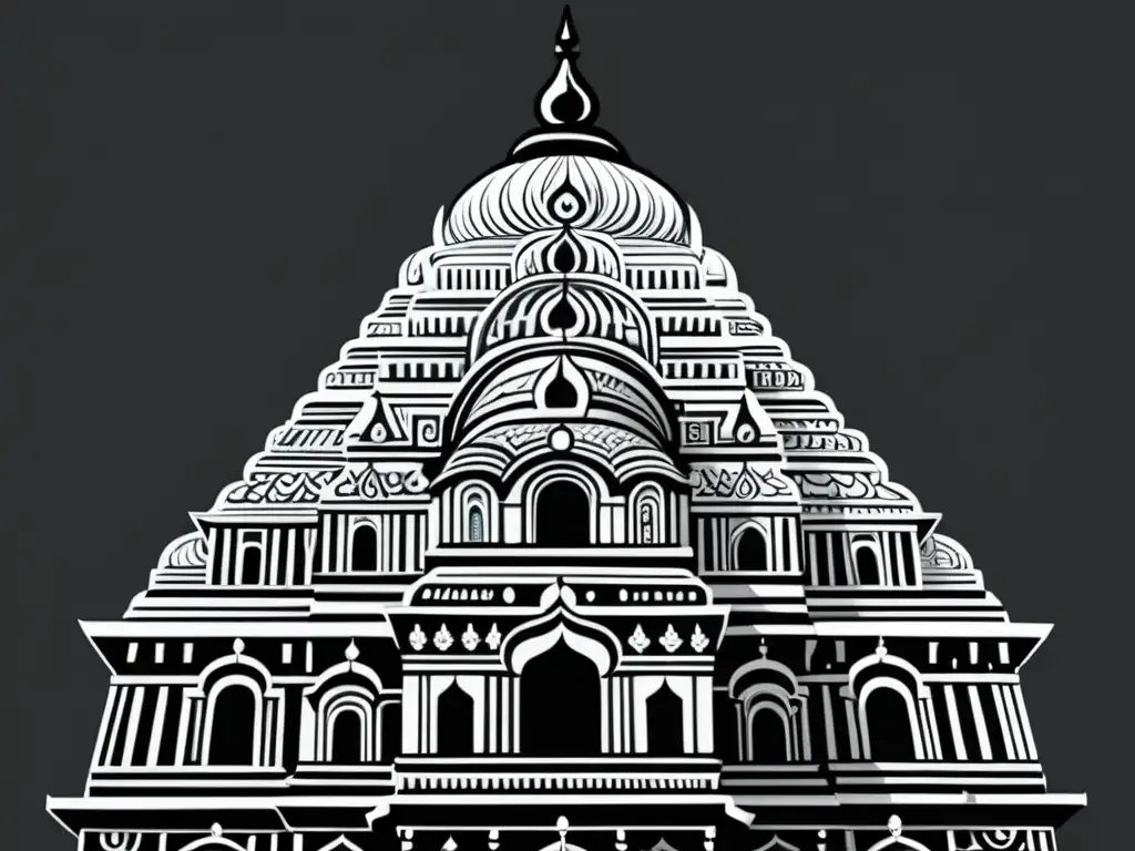 Templo Jagannath: Majestuosas Líneas en Blanco y Negro La imagen muestra la majestuosa arquitectura del Templo Jagannath en Odisha, India, con influencia del culto Jagannath en Odisha