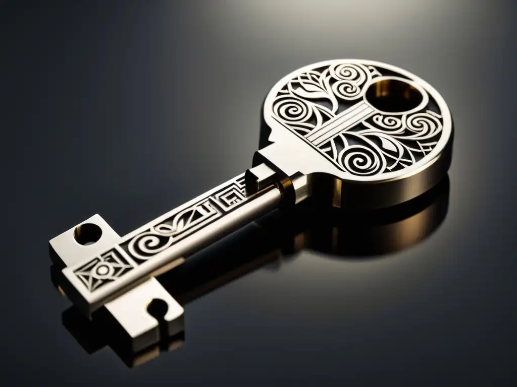 Una imagen minimalista en blanco y negro de una llave con intrincados patrones