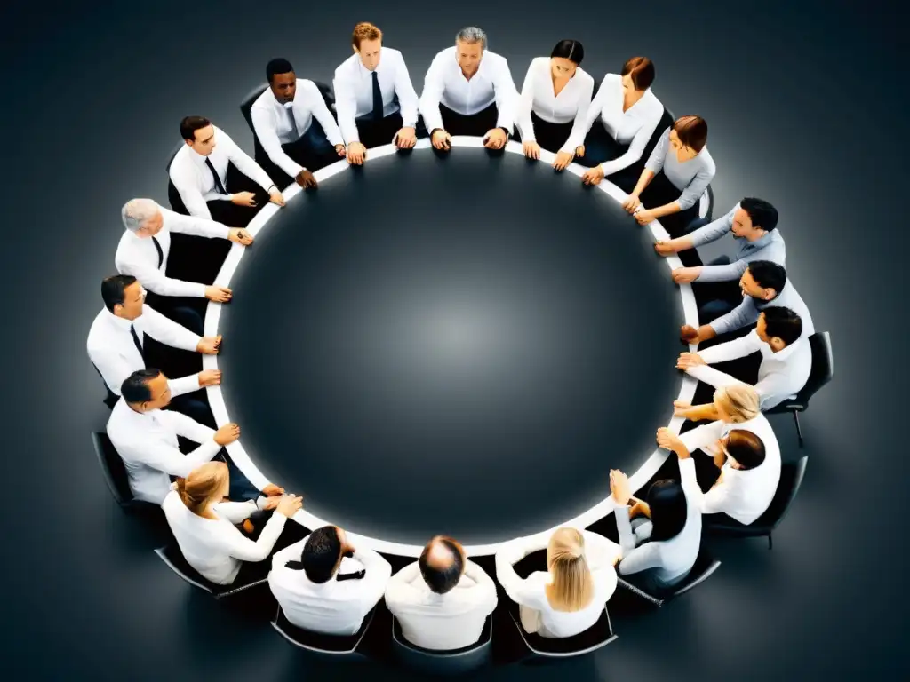 Una imagen minimalista de un grupo de personas sentadas en círculo, con un líder carismático en el centro, proyectando poder y control