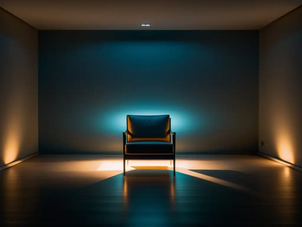 Imagen minimalista de una habitación tenue con una silla solitaria, evocando una inquietante quietud
