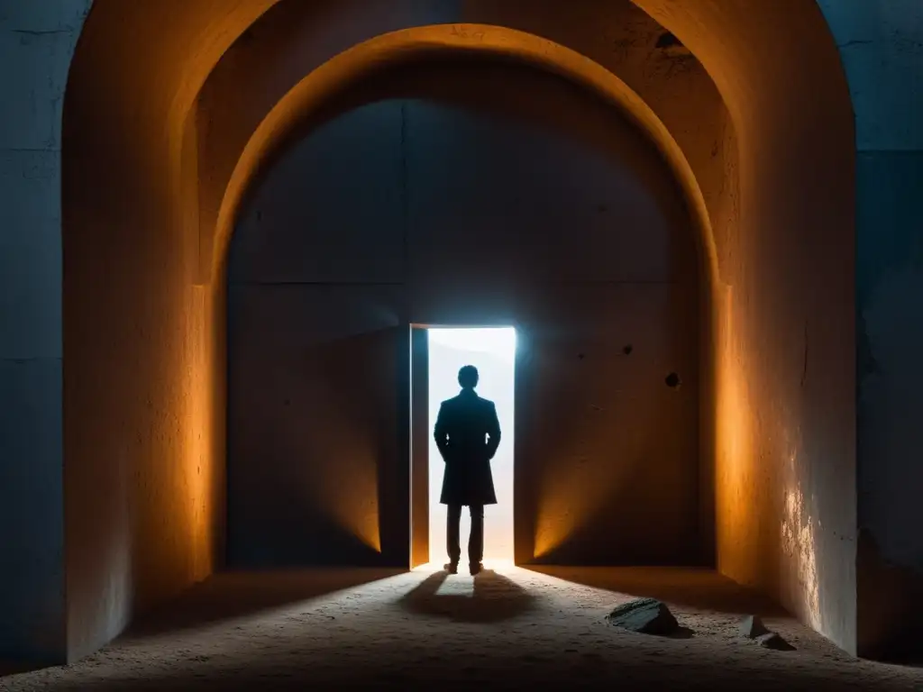 Figura misteriosa se adentra en la penumbra Imagen minimalista de una habitación tenue con una figura solitaria frente a una puerta misteriosa, evocando rituales de iniciación en sectas