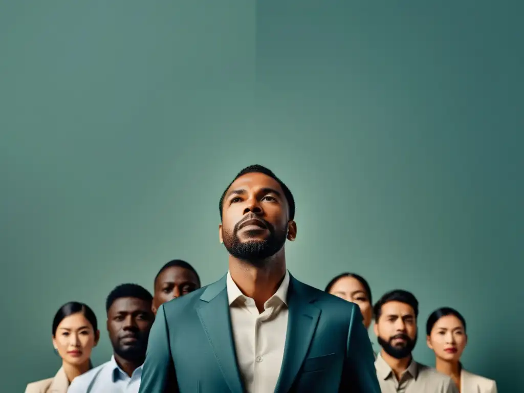 Imagen minimalista de un líder carismático rodeado de seguidores, transmite magnetismo y control