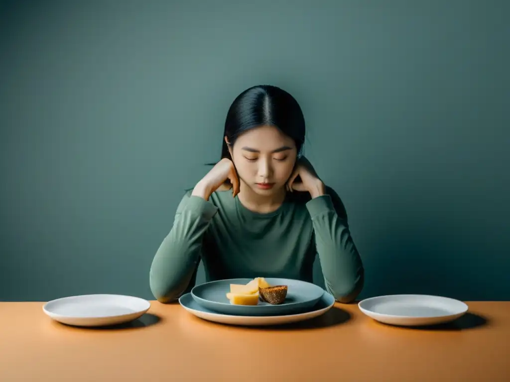 Una imagen minimalista muestra a una persona con poca comida rodeada de platos vacíos, transmitiendo angustia y control