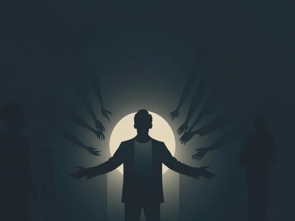 Serena presencia rodeada por sombras: una ilustración minimalista evocadora En la imagen, una ilustración minimalista muestra a una persona en una habitación oscura, rodeada de figuras sombrías