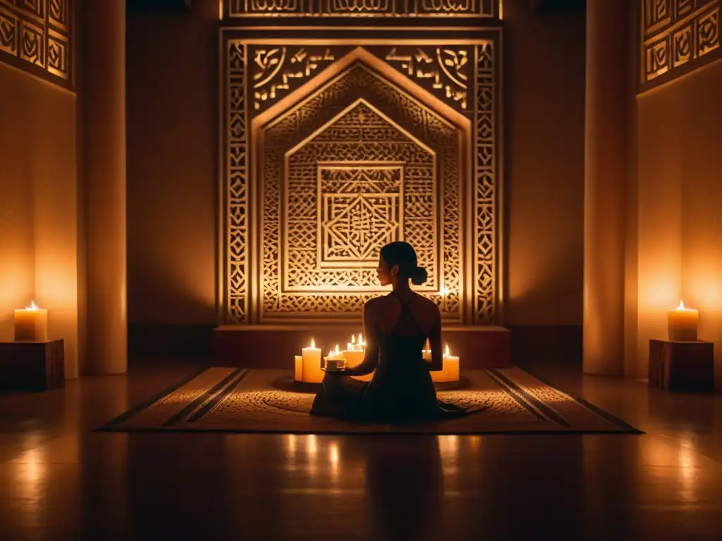 Templo Solar Order: Intrigante silueta en sala minimalista y misteriosa Imagen 8k de un misterioso templo iluminado por velas con patrones geométricos