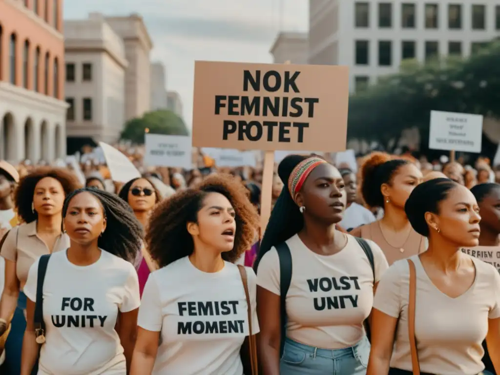 Marcha feminista: fuerza y diversidad en 8k Imagen 8k de mujeres en protesta feminista, con expresiones faciales detalladas y pancartas con poderosos lemas