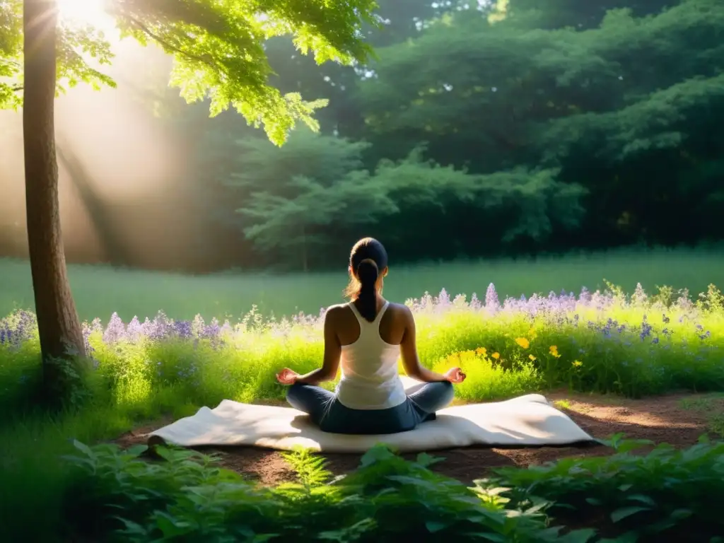 Imagen de meditación en la naturaleza con luz suave entre árboles y una persona en paz