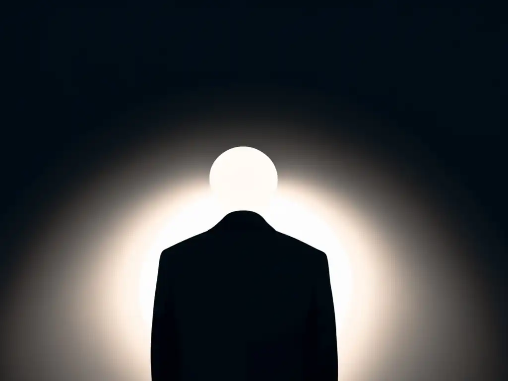 Imagen oscura de una persona rodeada de figuras sombrías con expresiones manipuladoras, evocando la manipulación psicológica en cultos