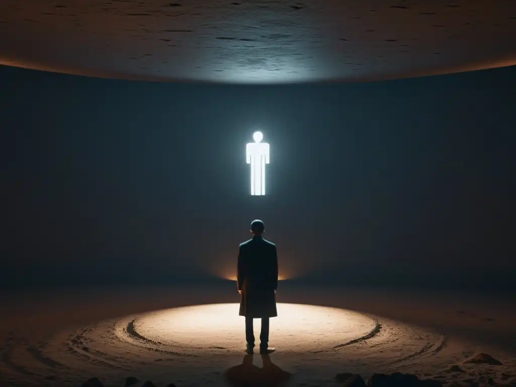 Imagen 8k de persona en ambiente de culto, con símbolos de manipulación psicológica