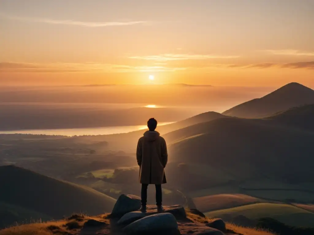 Renacimiento al amanecer: Esperanza y transformación La imagen muestra a una persona frente a un amanecer, rodeada de luz cálida