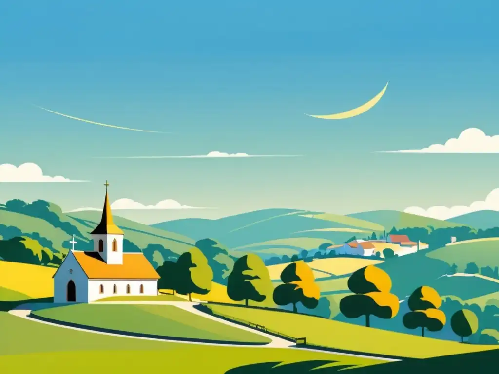 Pintura serena de un idílico pueblo entre colinas Imagen de un pueblo idílico con iglesia, cielo azul y colinas verdes