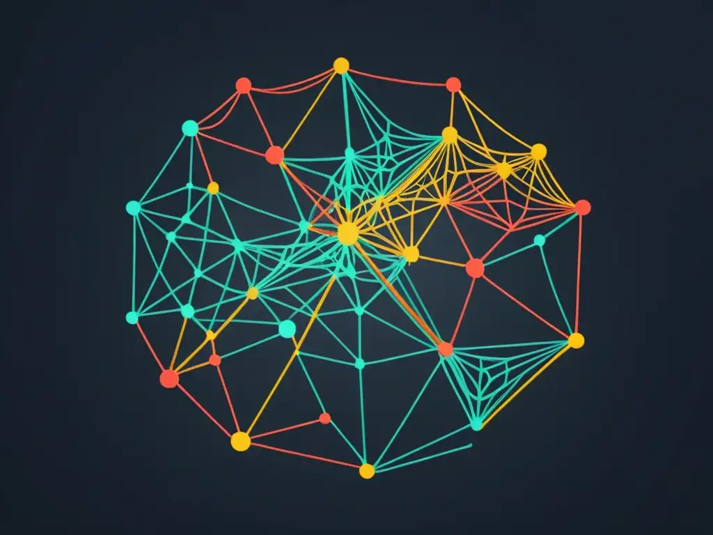 Red interconectada: complejidad y orden en movimiento Imagen de red compleja con conexiones entre sectas emergentes, líneas modernas y nodos vibrantes en fondo oscuro