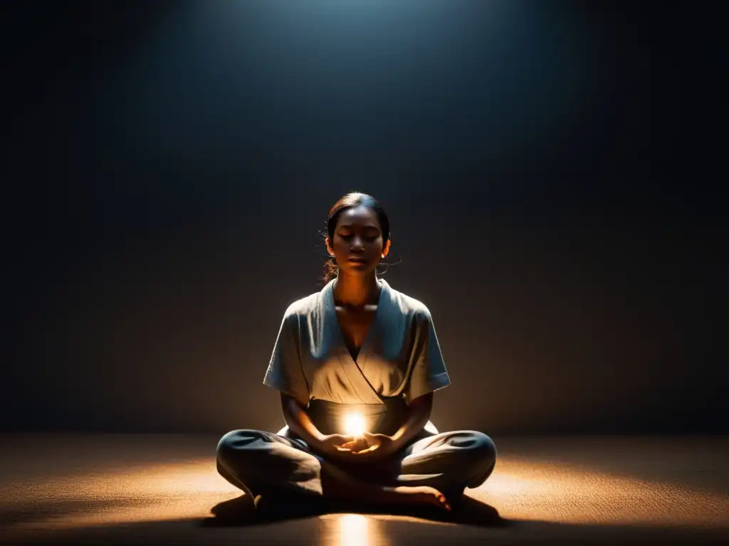 Meditación serena en la luz suave: imagen minimalista Imagen serena de meditación, con luz suave y persona en silueta
