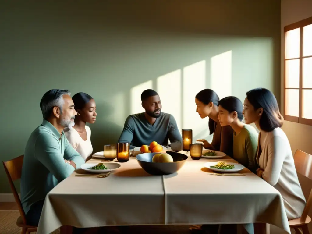 Una imagen serena y minimalista de una familia reunida alrededor de la mesa, con una cálida luz iluminando sus rostros y creando suaves sombras