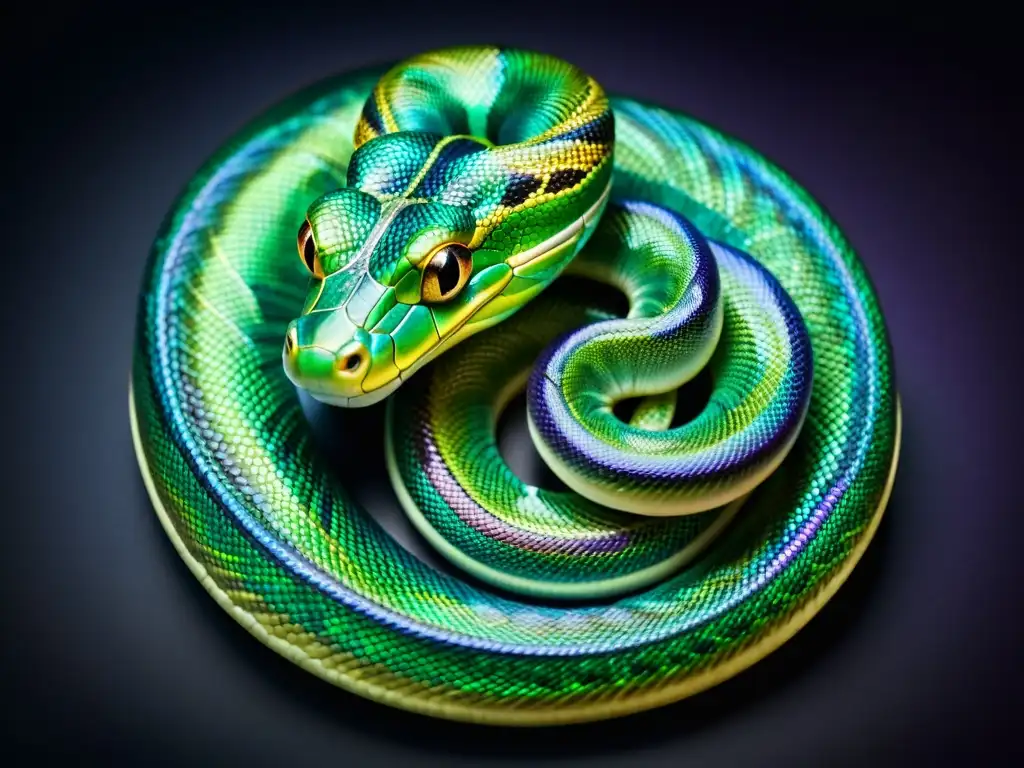 Serpiente iridiscente en un fondo negro: una imagen detallada y misteriosa Imagen de una serpiente iridiscente en un fondo negro, evocando el misticismo y la sabiduría ancestral del Culto de la Serpiente prácticas ancestrales