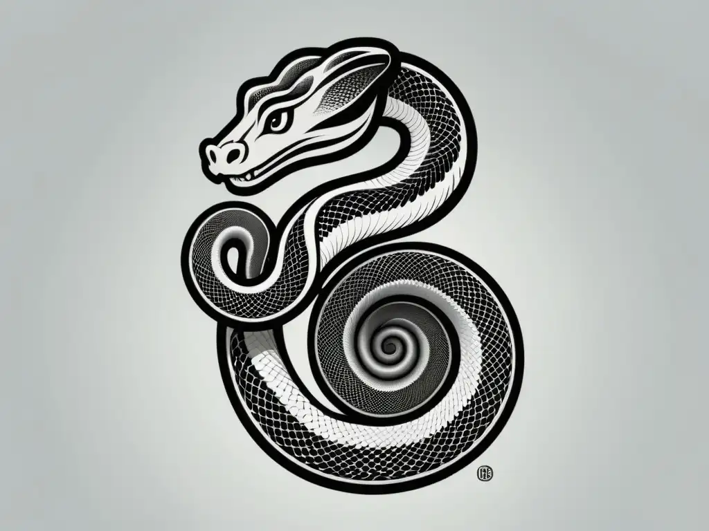 Serpiente enigmática: arte en líneas negras sobre fondo blanco Imagen de una serpiente en líneas negras sobre fondo blanco, evocando un sentido de misticismo y poder