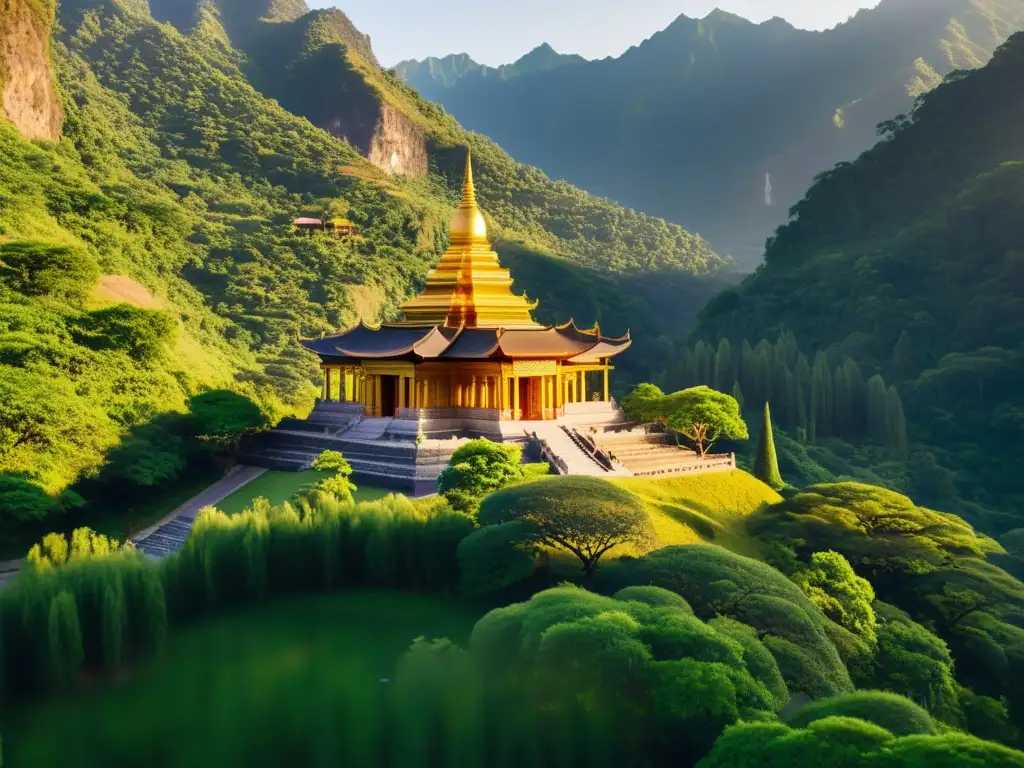 Imagen de templo antiguo en la montaña, con una atmósfera serena y significado en seguidores de secta