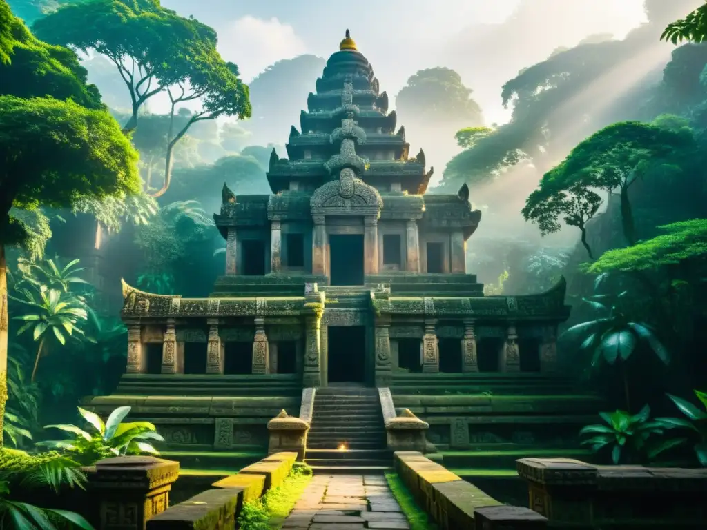 Templo antiguo en la selva: misterio y esplendor Imagen de un templo antiguo en la jungla, con figuras misteriosas y símbolos, evocando 'Orígenes y manipulaciones en sectas'