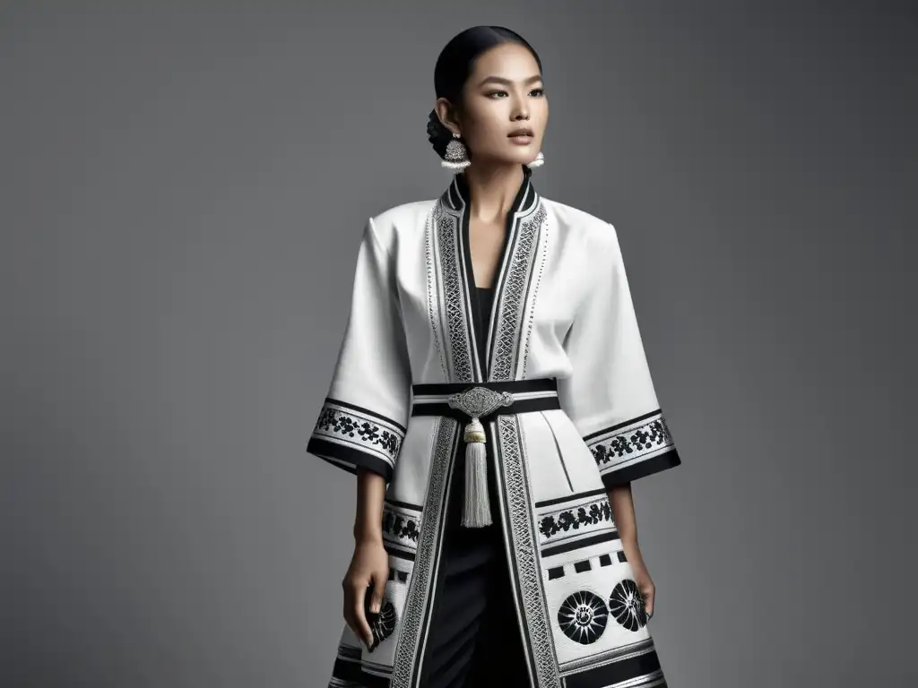 Moda contemporánea con influencia cultural: elegancia en blanco y negro Increíble fusión de moda: la influencia de culturas se refleja en la elegancia y confianza de la modelo, en un atuendo de moda tradicional y moderna