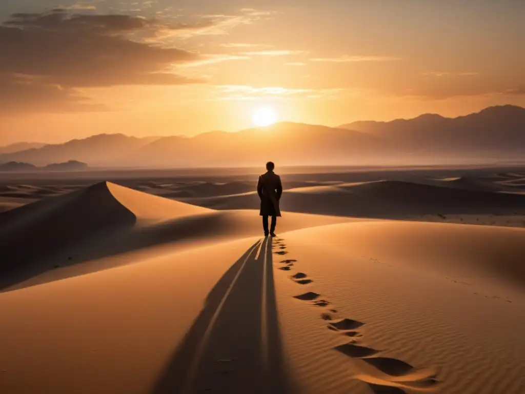 Un individuo solitario enfrentando la pérdida en un desierto al atardecer