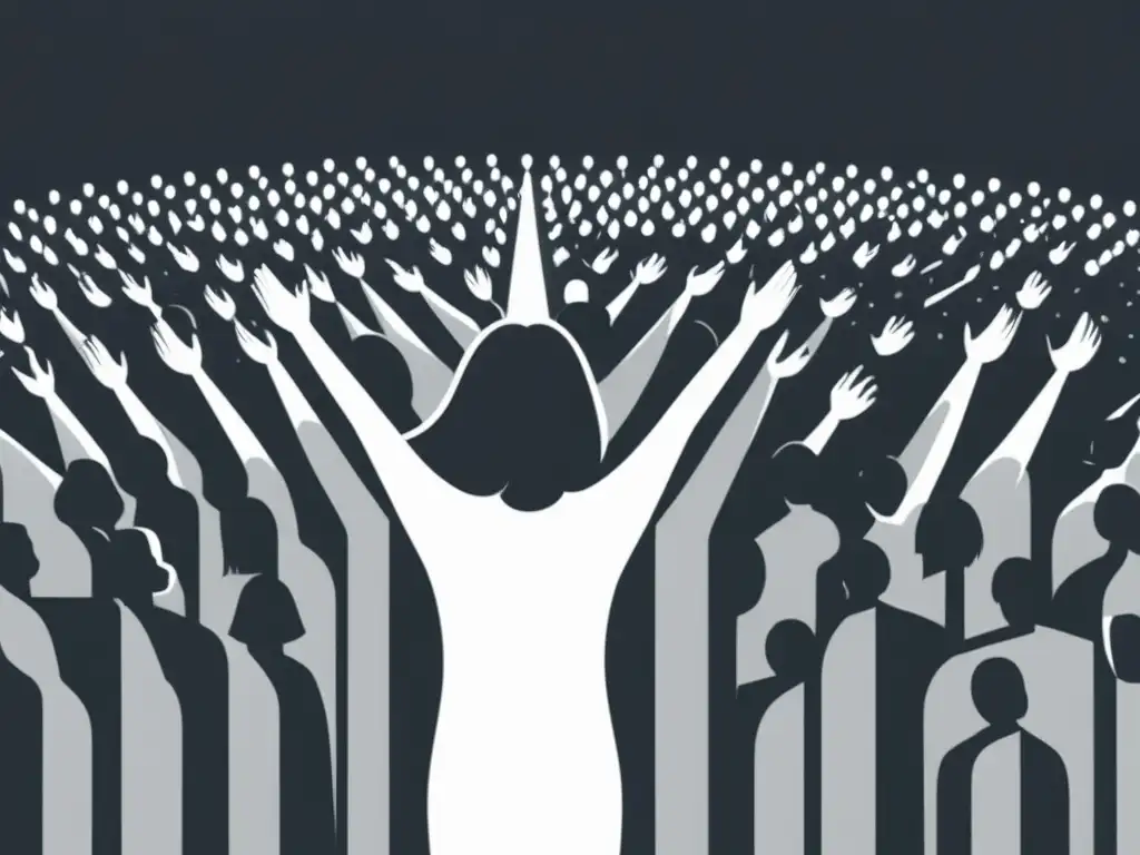 Influencia poderosa en la multitud: acogida con adoración Influencia de los medios en sectas: Ilustración minimalista en blanco y negro de una persona en medio de una multitud, con los brazos abiertos en gesto acogedor, mientras la multitud lo admira y venera