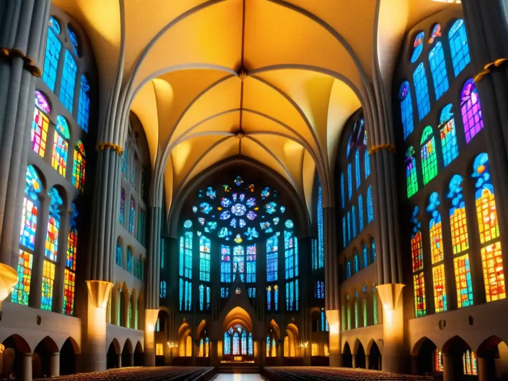 Interior moderno de la Sagrada Família en Barcelona, con juego de luces en vidrieras coloridas y diseño minimalista, evocando reverencia y asombro