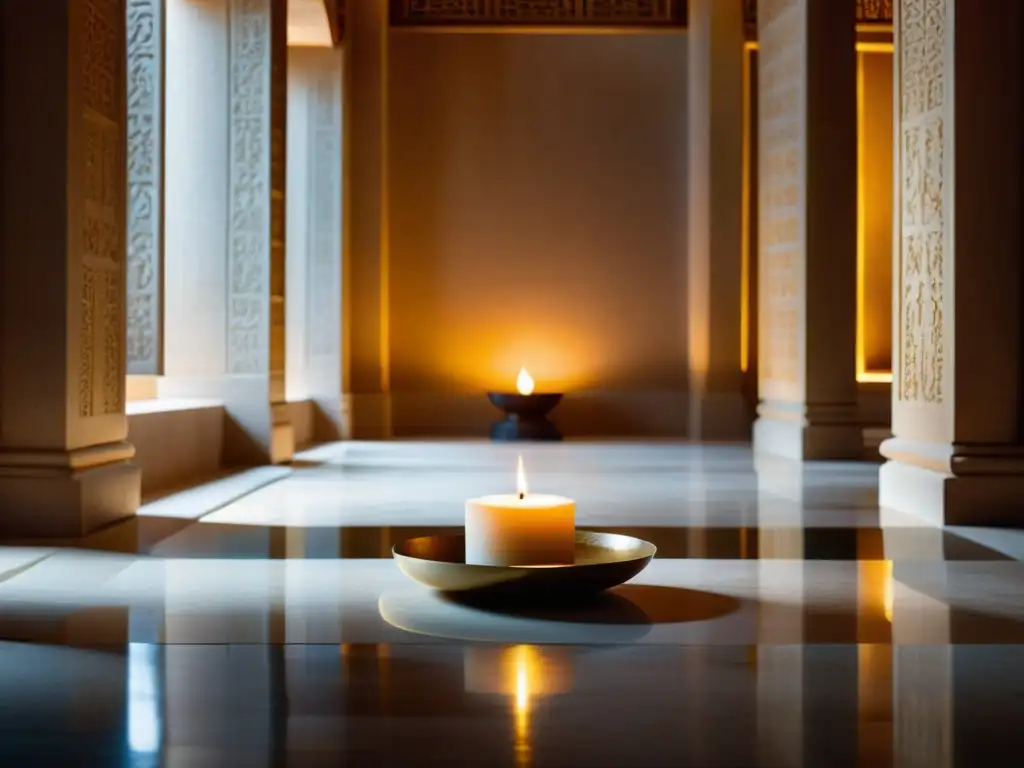 Interior sereno de un templo con luz dorada filtrándose, patrones cautivadores en el suelo pulido