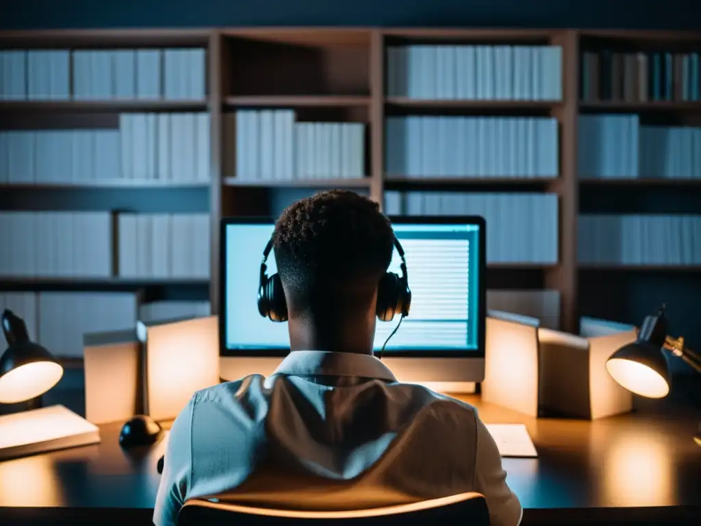 Explorando el lado oscuro: Investigación en la web profunda Un investigador se sumerge en la red oscura, rodeado de libros y documentos
