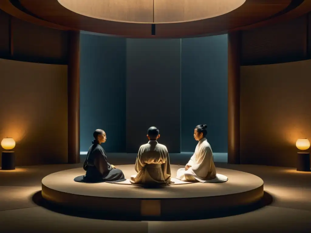 Círculo de devoción en templo sereno Jerarquía y roles en cultos: Grupo en túnicas en templo minimalista, expresiones serenas y disciplina