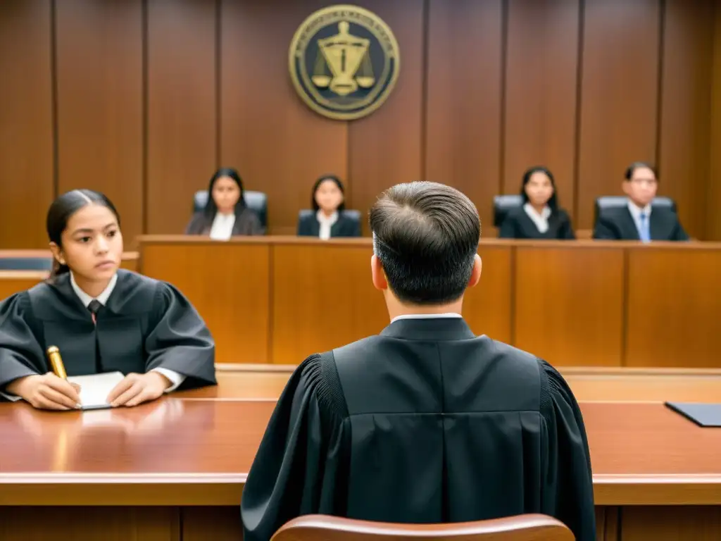 Juez presidiendo un caso de menores en sectas, abogados serios y niños esperanzados